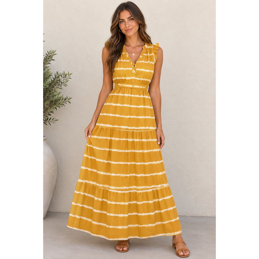 Simply Vera Vera Wang Mustard Yellow Striped Tiered Maxi Dress with Slip Fall